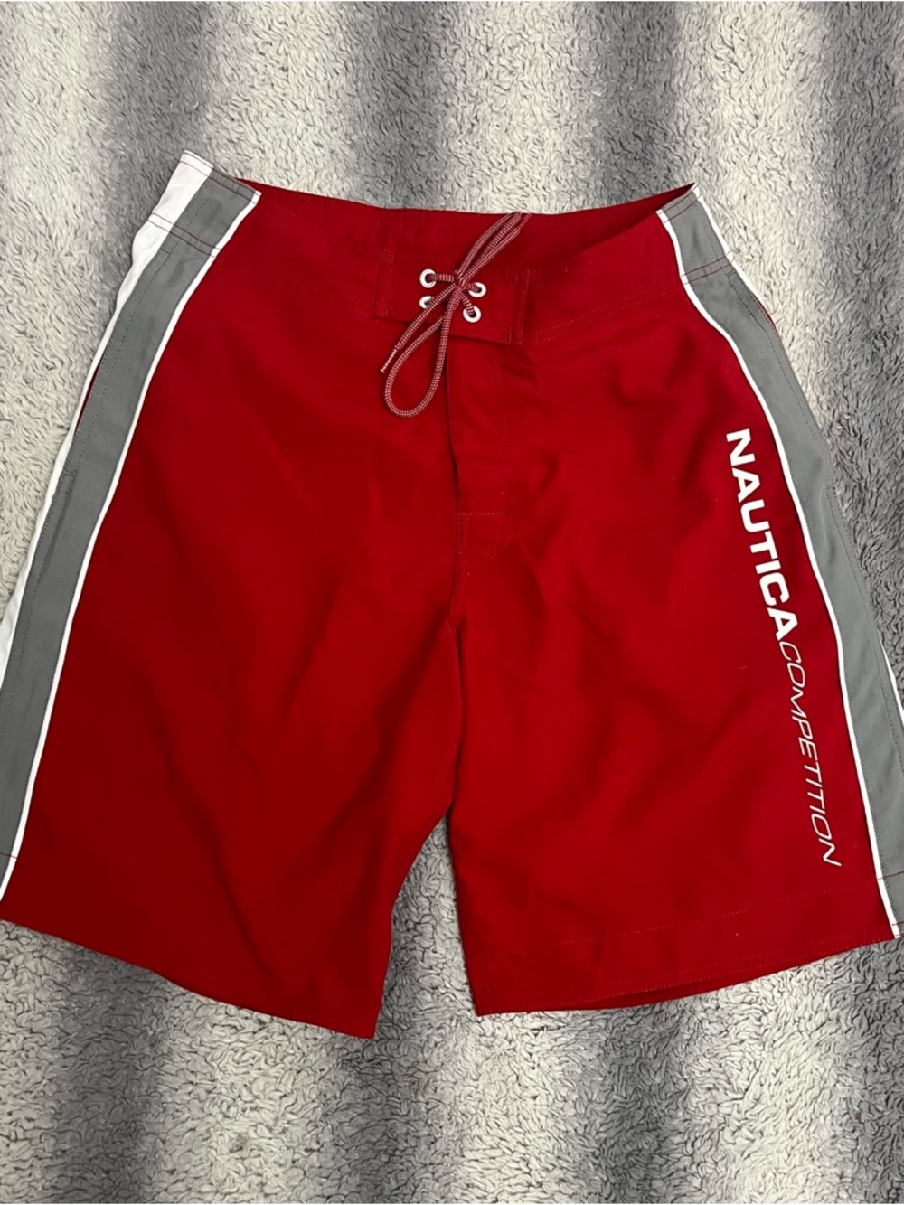 Nautica Competition Board Shorts Men’s 30 Red White with Gray Panels Swim Trunks
